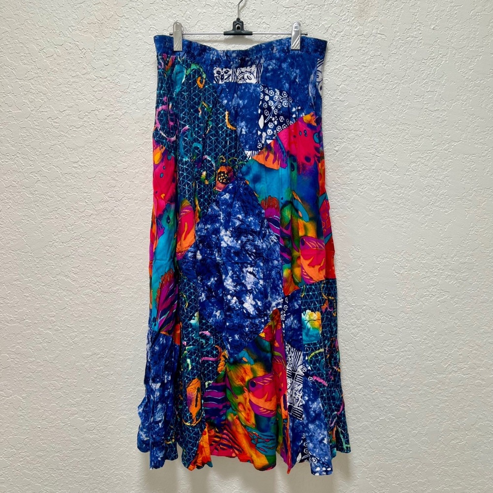 Carole Little Sport Blue Patchwork Print Rayon Maxi Skirt Pockets Womens 12 VTG